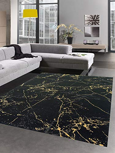 CARPETIA Teppich Wohnzimmer Designerteppich Marmor Optik schwarz Gold Größe 80x150 cm