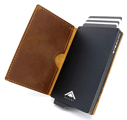 Stealth Wallet Porte Carte Bancaire RFID pour Homme - Porte-Cartes De Crédit avec Mécanisme Pop Up et Boîte Cadeau - Portefeuilles de Crédit Aluminium Minces (Aluminium Noir, Cuir Marron Crazy Horse)