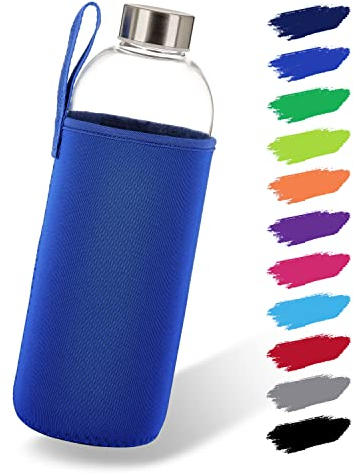 NOMA Glasflasche 1 Liter mit Neoprenhülle | Trinkflasche aus Glas in 500ml & 1000ml mit Schutzhülle und Edelstahldeckel | Wasserflasche für Sport, Büro, Schule & Outdoor | Blau