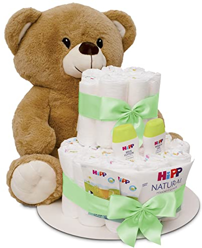 MilaBoo® Grün Windeltorte Neutral mit kuscheligen großen Teddybär I hochwertiges Neugeborenen Geschenk mit Windeln und Produkten I persönliches Babygeschenk zur Geburt