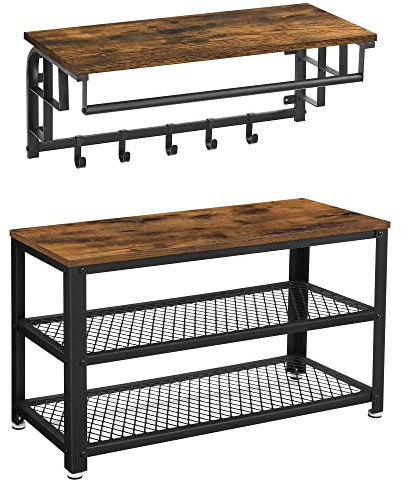 VASAGLE Schuhbank, Wandgarderobe, Schuhregal mit Sitzfläche und 2 Ablagen, Wandregal mit Kleiderstange und 5 abnehmbaren Haken, für Flur, Schlafzimmer, Wohnzimmer, vintagebraun-schwarz LCR100B01