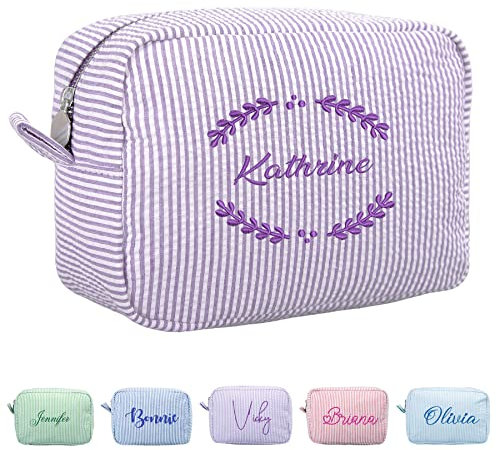 Personalized Makeup Bag Travel Cosmetic Bags for Women Gifts Makeup Organizer Portable Toiletry Bag for Girls Embroider Name Large Capacity Fashion Stripe