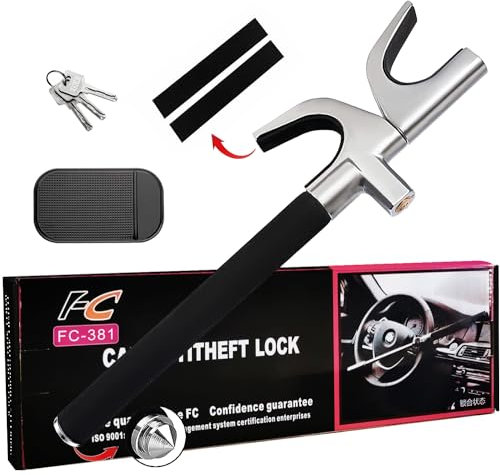 Heavy Duty Steering Wheel Lock - Retractable Anti-Theft Device with 3 Keys, Works with All Car Makes and Models