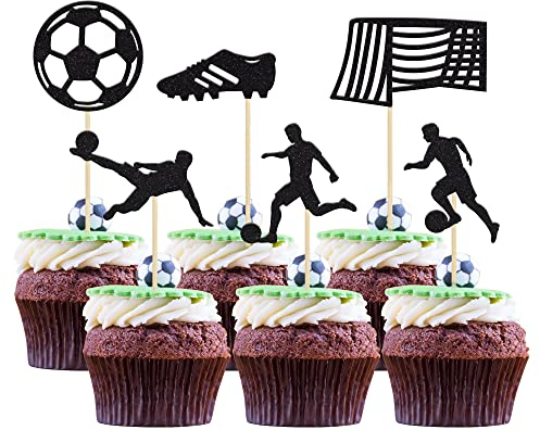 Gyufise 24Pcs Soccer Cupcake Toppers Black Glitter Sports Theme Football Cupcake Food Picks Sport Balls Baby Shower Wedding Birthday Party Cake Decorations Supplies