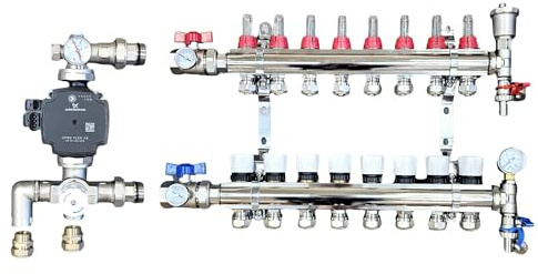 Wärmer System 8 Port Brass Underfloor Heating Manifold with A Rated UPM3 Auto Flex Pump,Blending Mixing Valve,16mm Pipe Connection and Ball Valves with Gauges for Water Underfloor Heating System