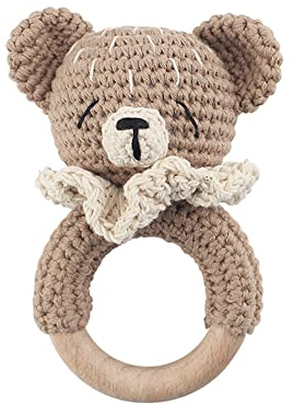ISAKEN Greifling Baby Rassel Handgemachte Häkelrassel für Babys, Bärchen Greifling Gehäkelt mit Rassel, Häkelrassel Holzring Holzspielzeug Baby Greifling Rassel für Junge & Mädchen