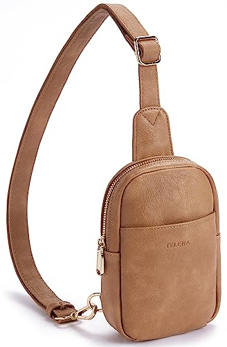 Telena Klein Brusttasche Damen, Sling Bag Damen Umhängetasche Kleiner Crossbody Bag Kunstleder Schultertasche Mini, Hellbraun