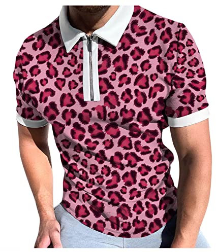 Men Spring Summer Fashion Shirt Short Sleeve Zipper Lapel Leopard Print Shirt Casual Loose T-Shirt Top Mens Size Medium Shirts Pink