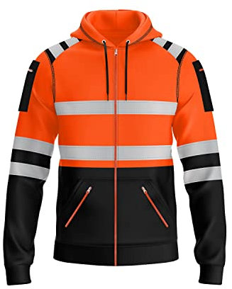 trending babz Mens Hi Vis Zipper Hoodie Sweatshirt Safety Work High Viz Reflective Tape Multi Zipped Pockets Hoodie Yellow Orange High Visibility Sweatshirt Top