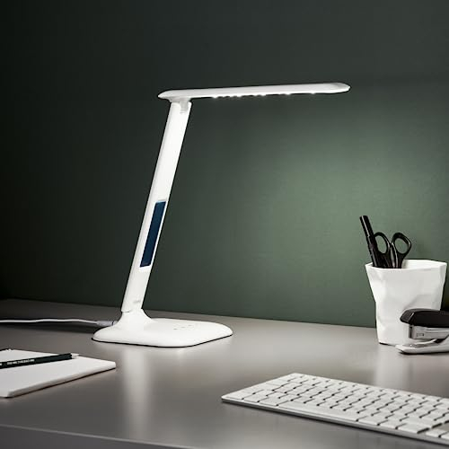 Lightbox LED Schreibtischlampe mit Datumsanzeige & Weckfunktion & Thermometer | 55 cm Höhe | weiße Tischleuchte mit Touchdimmer & CCT (2800-6500 K) | inkl. USB | 320 lm | aus Kunststoff/Metall
