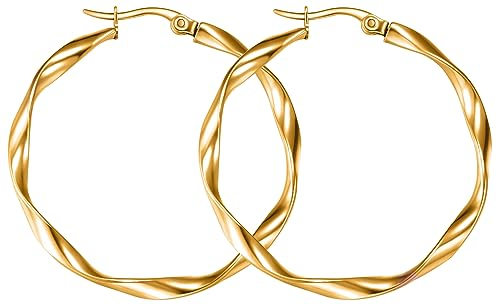 day.berlin Damen Creolen Celio in Gold 18k vergoldet, 35mm Durchmesser, gedrehte Ohrringe 2mm stark, 316L Edelstahl nickelfrei & wasserfest