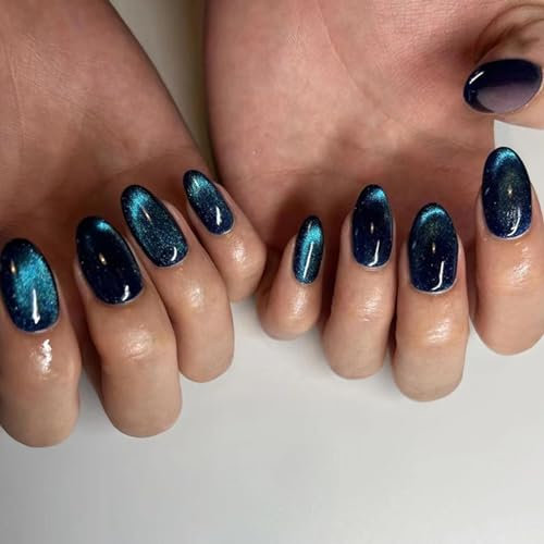24Pcs Almond French False Nails Short Aurora Cat Eye Press on Nails Dark Blue Glitter Fake Nails Acrylic Full Cover Glue on Nails Oval Artificial Stick on Nails for Woman Girls Manicure Decoration