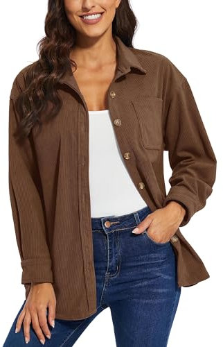 TACVASEN Women's Corduroy Shirts Fit Long Sleeve Shirt Jacket Casual Button Down Shacket with Chest Pocket Coffee,L