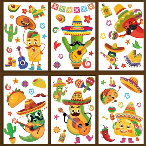 JarThenaAMCS 9 Blatt mexikanische Fiesta-Party-Fensteraufkleber, Cinco de Mayo, doppelseitig, bunte Cartoon-Tacos, Fensteraufkleber, PVC-Aufkleber für Karneval, Zuhause, Büro, Dekoration, Partyzubehör