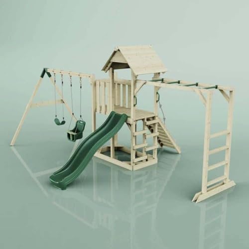 Rebo Klettergerüst aus Holz mit Wellenrutsche | Outdoor Spielturm mit Doppel-Kinderschaukel, Hangelstangen, Plattform und Kletterseil