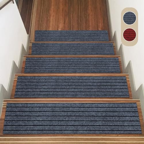 Sparklenut 15pcs Stufenmatten, Treppen Teppich, Treppenteppich Selbstklebend, Treppenstufen Matten, Stufenschutz Stufenteppich Innenbereich für Holzstufen, 70 * 22cm (Grau-schwarz)