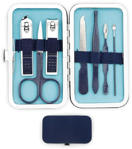 Kit Manucure et Pédicure 7pcs - Coupe Ongle Avec Réservoir, Coupe Cuticule, Soin Des Ongles et Des Mains - Cadeau Homme Original Utile (Bleu)