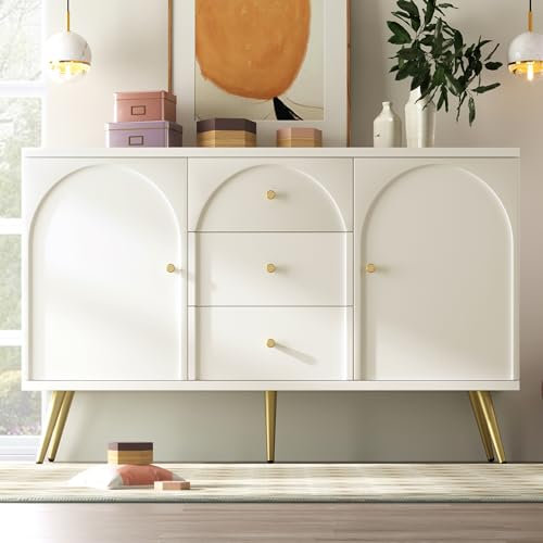 BTM Sideboard Cabinet for Living Room, Chest of Drawers with 2 doors and 3 drawers, Adjustable shelf, Cream White, 40D x 140W x 84H CM