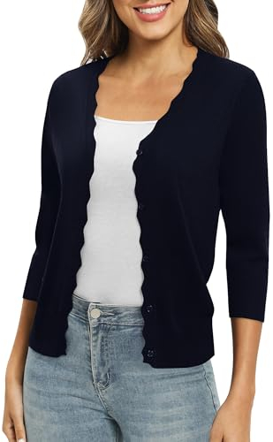 EXCHIC Donne 3/4 Manica Button Down Coprispalle Maglia Scollo a V Tinta Unita Elastico Leggero Cardigan per Vestito(XL, Blu Navy)