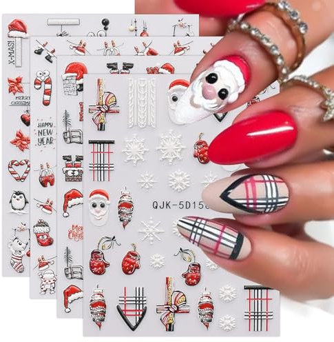 JMEOWIO 3D Embossed Christmas Nail Art Stickers Decals Self-Adhesive 5D Snowflake Xmas Winter Holiday Cute Nail Supplies Nail Art Design Decoration Accessories 4 Sheets