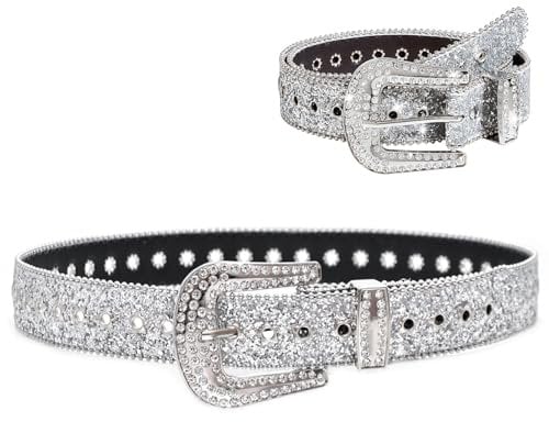 Cleminsta Glitzer Taillengürtel - Y2k Strass Gürtel Für Jeans, Kleid, Cowgirl Cowboy, Hosen - Breiter Glänzender Damen Gürtel (Silber)