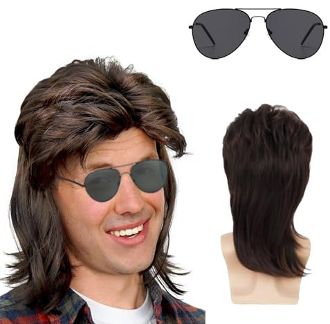 QSZHSL Herren Vokuhila Perücke Braun Lockig, Mullet Mit Sonnenbrille, Rocker Punk Popstar, 70er 80er Jahre Outfit Für Fasching Cosplay Halloween