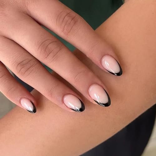 French Tip False Nails - 24pcs Black French False Nails - Almond Press on Nails - Oval Fake Nails with Glue - Nude Stick on Nails French Tip - Full Cover Acrylic Nails for Women in 12 Sizes