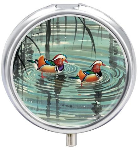 Pilulier rond à 3 compartiments de style chinois imprimé canards mandarins petite boîte de rangement pour poche, porte-documents, médicaments, foie de morue, huile de foie