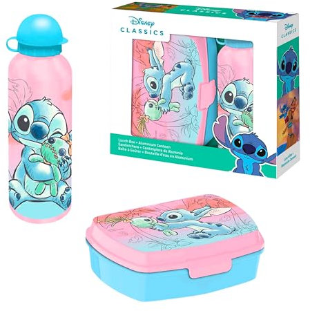 Disney Stitch Bouteille et Boîte à Déjeuner, Gourde D'eau Design Stitch et Scrump pour Filles, Bouteille de Voyage en Aluminium, Capacité 500 ml