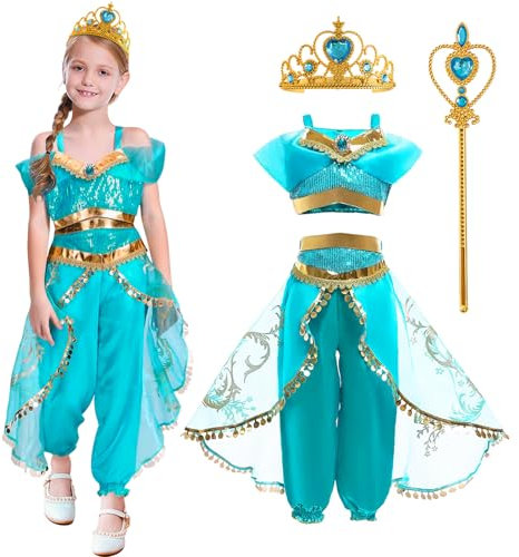 YOMIQIU Deguisement Princesse Jasmine Fille: Costume de Princesse Jasmine avec Baguette de et Couronne, Robe de Aladdin Carnaval Halloween Vêtements de fête d'anniversaire Cosplay 3-11 Ans (150)
