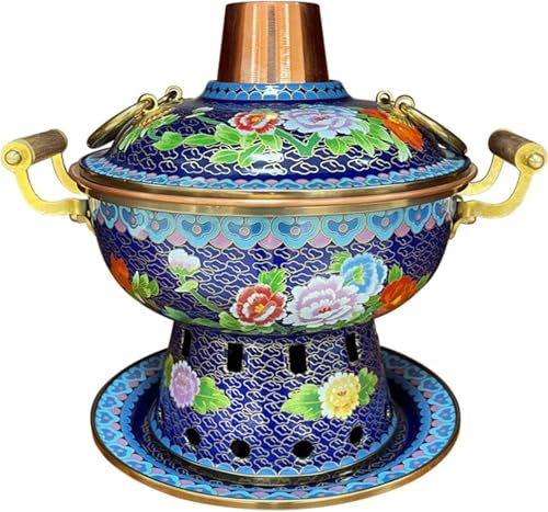 WZWTYSM 1-3 Person Chinese Copper Hot Pot, Mini Copper Mongolian Hotpot, Multifunctional Copper Hot Pot Single Enamel Pot Household Hot Pot Chinese Copper Hot Pot Shabu Shabu Pot,Blue Peony