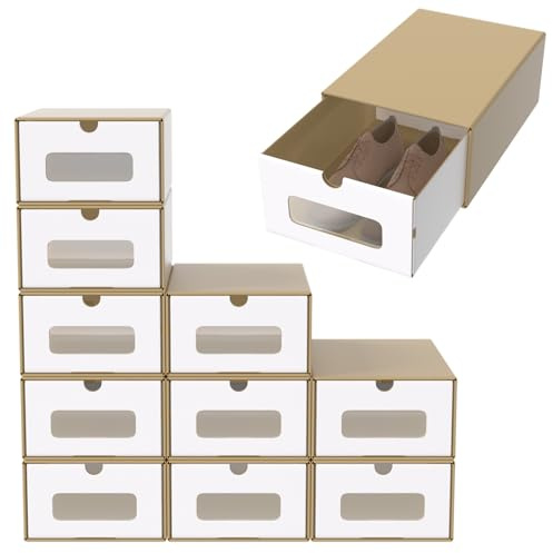 ACXIN Schuhboxen Stapelbar Boxen-Set,Aufbewahrungsbox Schubladen mit Transparentes Sichtfenster,Pappkarton aus Kraftpapier,34.5 x 23.5 x 13.5 cm,20 Stück, Braun