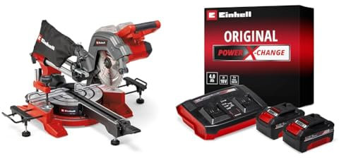 Einhell Scie à onglet radiale sans fil TE-SM 36/8 L Li-Solo Power X-Change (36 V, lame de 210 mm, 3.000 trs/min, tête de scie inclinable) + Twincharger et 2 Batteries 4,0Ah