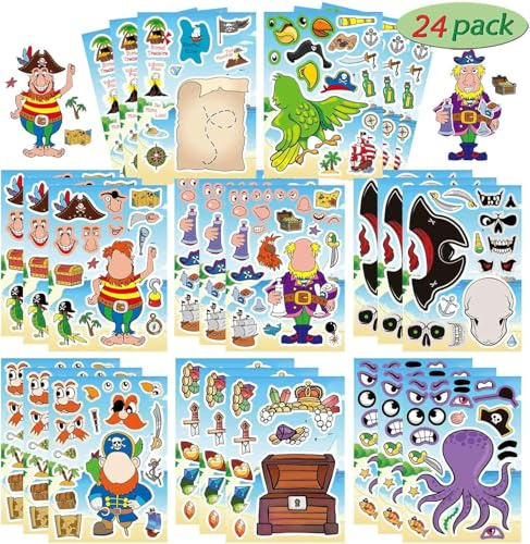 24 Sheets Pirate Face Stickers for Kids - Make Your Own Pirate Stickers Kit with Jolly Roger, Skull & Crossbones - Creative Make-a-Face Stickers, Pirate Party Favors & Decorations