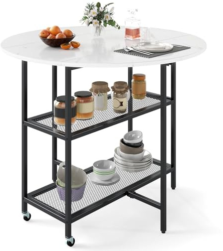 FANTASK Küchentisch klappbar, Esszimmertisch für 2-4 Personen, Esstisch mit 2 Ablagefächern, mobiler Klapptisch Marmor Optik, runder Tisch für Esszimmer & Wohnzimmer (Weiß)