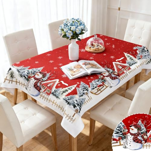 Tischdecke Weihnachten, 140x110cm Leinen Weihnachtstischdecke Abwaschbar | Mode Weihnachts Tischdecke Rot mit Schneemann Schneeflocken Muster für Deko Weihnachten Party Esstisch