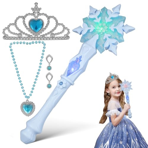 Hemobllo Schneeflocke Zauberstab Mädchen mit LED Licht und Sound Blau Prinzessin Feenstab Kinder Kostüm Zubehör Set für Karneval Geburtstag Cosplay Party