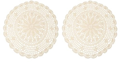 QUARKZMAN 2 Piezas De Manteles De Ganchillo para Decoración De Bodas Beige | 12 Pulgadas Manteles Redondos De Encaje Hechos A Mano Con Patrón De Estrella Y Cojines De Algodón