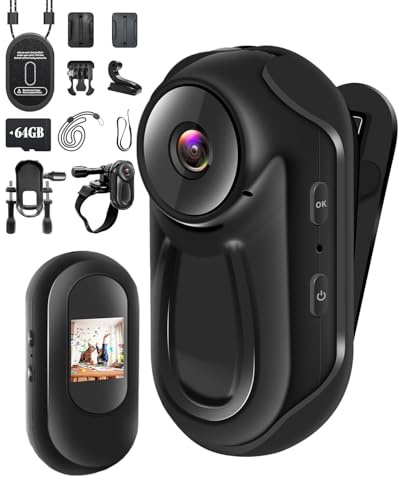 NNYYMH Bodycam Körperkamera Mini mit 64GB SD Karte,1080P Action Cam mit HD Touchscreen,120 Min Akkulaufzeit,120° Weitwinkel,360° Rückenclip, Infrarot-Nachtsicht, Helmkamera Motorrad Kamera