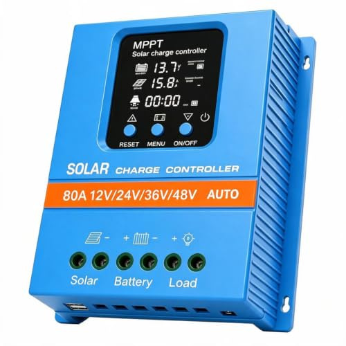 Upgraded 80A Smart Solar Laderegler, 12V 24V 36V 48V Autosensing, Max. 100V PV-Eingang, 99.5% Effizienz LCD-Display mit Dual-USB, für Blei-Säure/Lithium (LiFePO4) Batterien