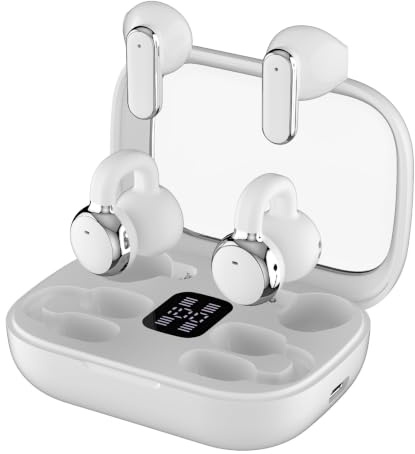 RCA EarSwitch Pro - Auriculares inalámbricos 4 en 1 Duo TWS, Bluetooth 5.4 de oído abierto e intrauditivo, con funda de carga LED, control táctil, micrófono integrado, tiempo de reproducción de 6