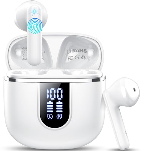 Wireless Earbuds, Bluetooth 5.4 Headphones In Ear with 3D Stereo Deep Bass, 4 ENC Noise Cancelling Mic, New Wireless Earphone with 40H Playtime, LED Display, IP7 Waterproof Bluetooth Earbuds, White