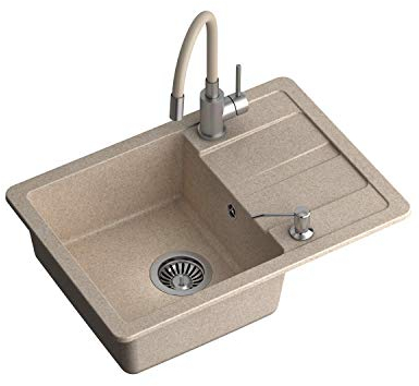 VBChome Spülbecken mit Armatur 62 x 44 cm Beige Granit Einzelbecken Einbauspüle gesprenkelt reversibel Verbundspüle + Spültischarmatur + Siphon + Spülmittelspender