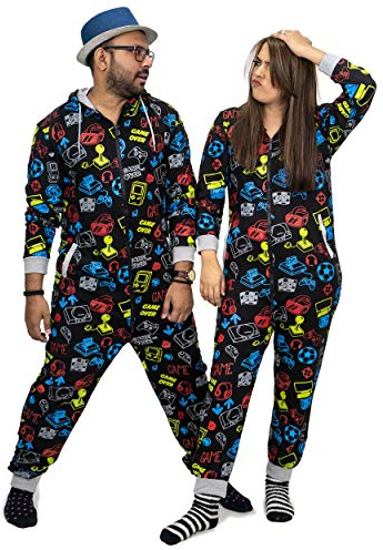 NOROZE Herren Jungen Spielen Onesie Anzug Trainingsanzug Unisex Kinder Pyjama Schlafanzug Alles in einem Overall Familie Jumpsuit Spieler Abstimmung Schlafanzüge Schlafanzug (L, Schwarz)