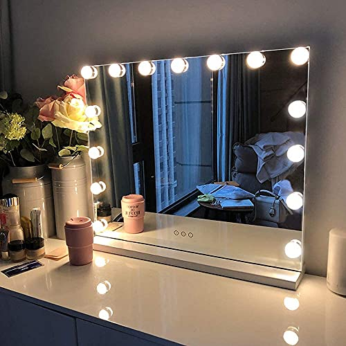 FENCHILIN Hollywood Schminkspiegel mit USB Type C Ausgangsanschluss, 3 Modi Einstellbarer Helligkeitsspiegel, Hollywood Spiegel mit Beleuchtung 15 LED Lampen Tisch Schminkspiegel