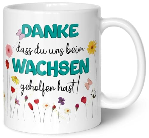 Bedruckte Tasse mit Spruch - Danke dass du uns beim Wachsen geholfen hast - Geschenk für Erzieher Lehrer zum Kindergarten Abschied - Geschenk als Dankeschön - Farbe: Blumen Blau - Weiß