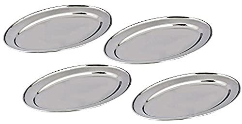 Kosma Set of 4 Stainless Steel Heavy Duty Pro Oval Plates, Size 30cm | Rice Plate | Serving Dish | Meat Platter | Oval Trays