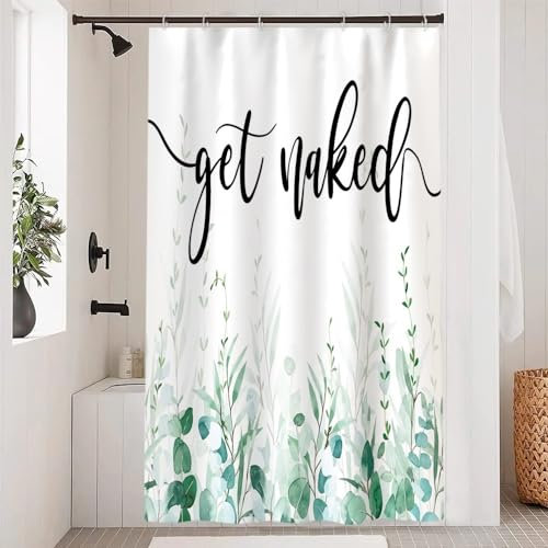 Uiiooazy Duschvorhang Eukalyptus, Duschvorhang Grün Aquarell Blätter Get Naked Sign Duschvorhäng Anti Schimmel Wasserdicht Polyester Stoff Waschbar Bad Vorhang mit 8 Haken für Badezimmer 120Bx180Hcm
