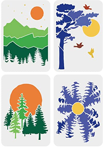 FINGERINSPIRE 4PCS Forest Landscape Drawing Stencil 29.7x21cm Plastic Sunrise Sunset Stencils Moon Template Large Reusable Tree Mountains Plants Birds Craft Stencil for Wood Wall Paper