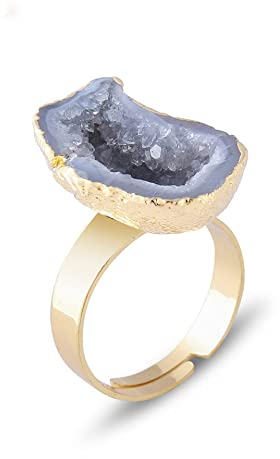 HGJH Verstellbarer Ring, Naturweißer Druzy-Ring, Goldener Saum, Unregelmäßigkeitsring, Verstellbarer Damenring, Offener Ring, 7 Chakra-Reiki-Edelsteinringe, Ewigkeitsring Für Frauen